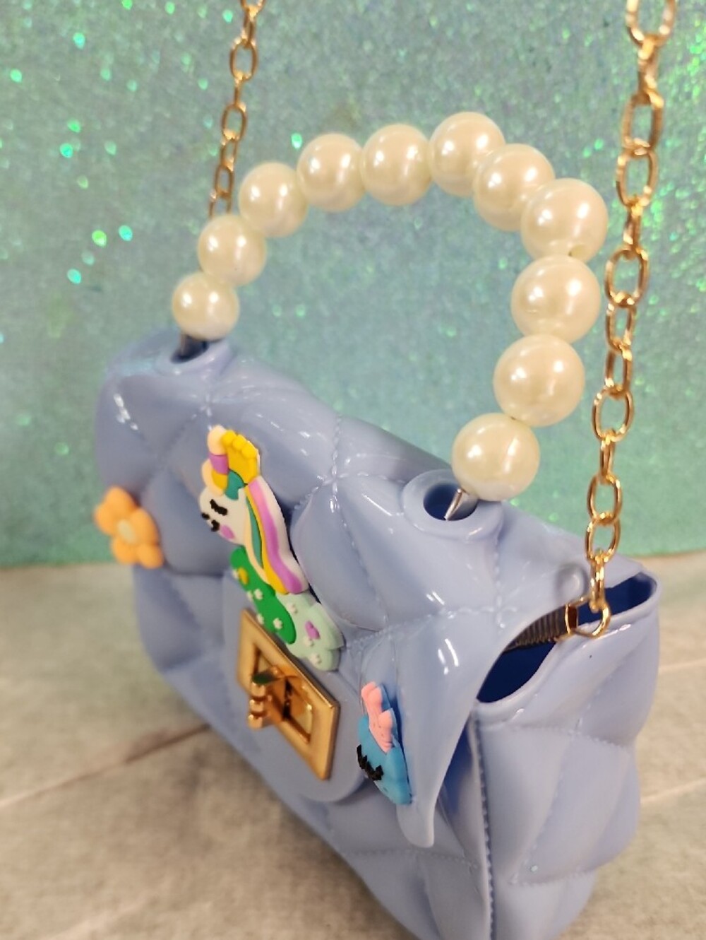 Lilac Quilted Pearl-Handle Crossbody Bag with Unicorn Accents - Picture 7 of 13